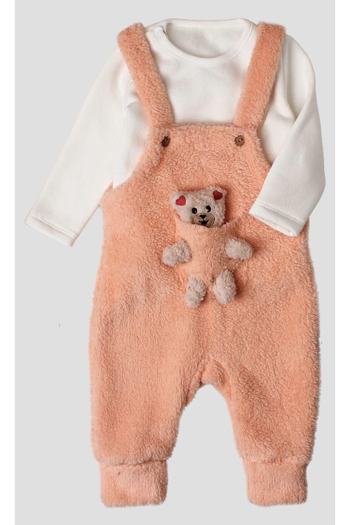 Kışlık tatlı peluş ikili takım kız bebek salopet sweatshirt